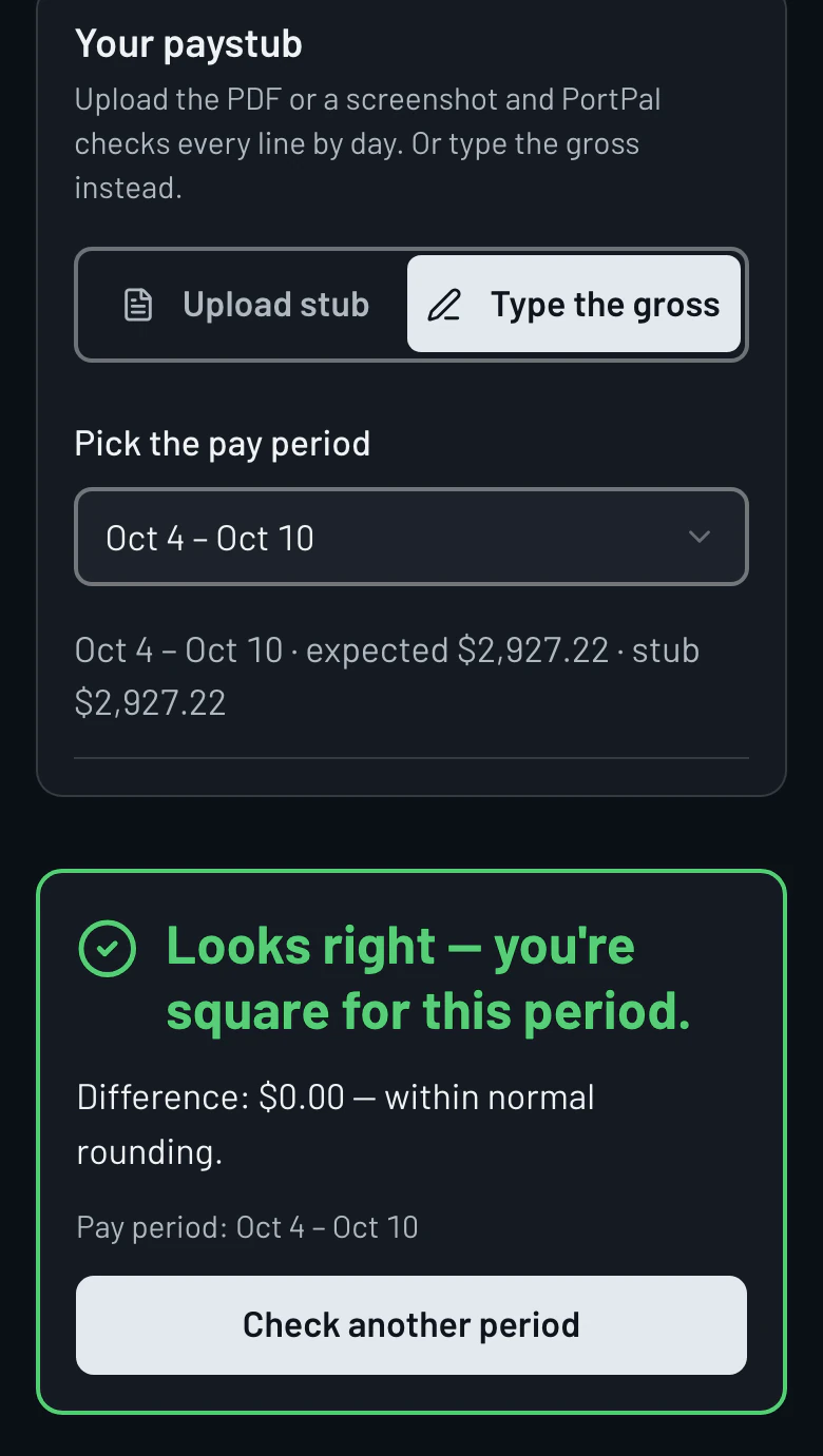 Pay Check: the stub lined up against the logged shifts. Looks right, you're square for this period.