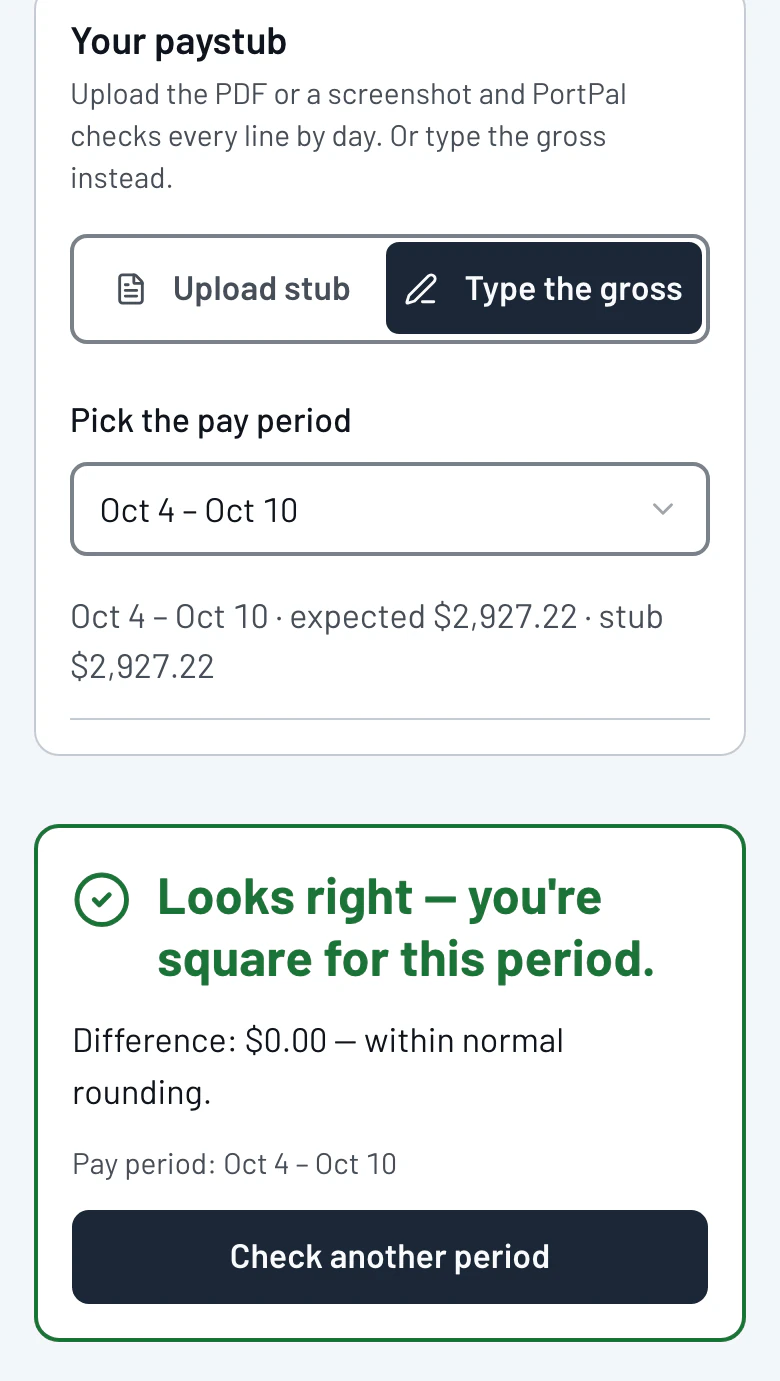 Pay Check: the stub lined up against the logged shifts. Looks right, you're square for this period.